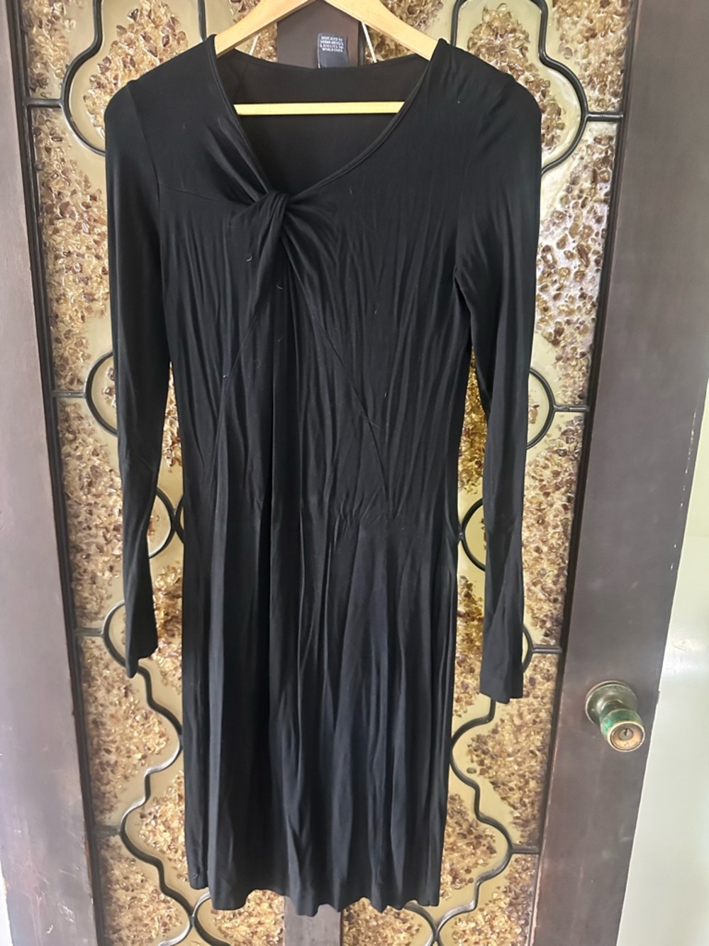 European Culture Black Long-Sleeve Twist-Front Dress
